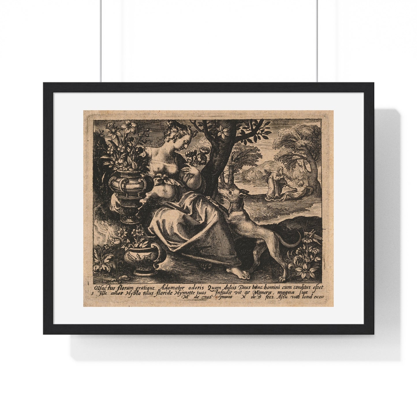 Woman in a Garden with Flowers, God Blows Spirit into Adam's Body, Reproduction Flemish Engraving, Framed Art Print