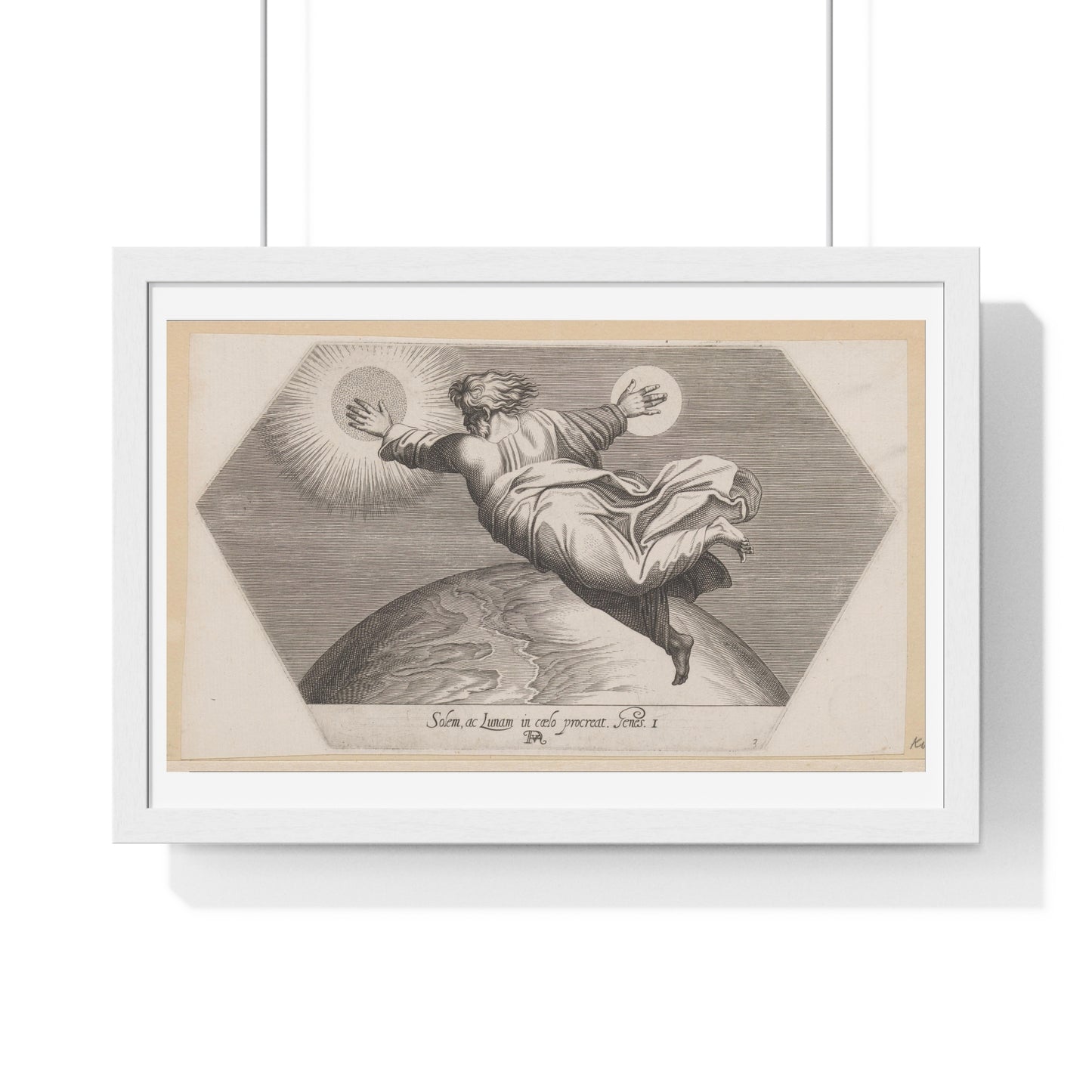 God Schept de Zon en de Maan (1626) by Francesco Villamena and Rafaël, from the Original, Framed Art Print