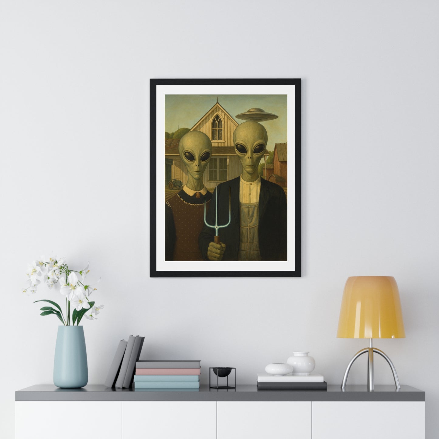 American Gothic Remixed, Midwestern American Aliens 'Designed by AI', Framed Art Print