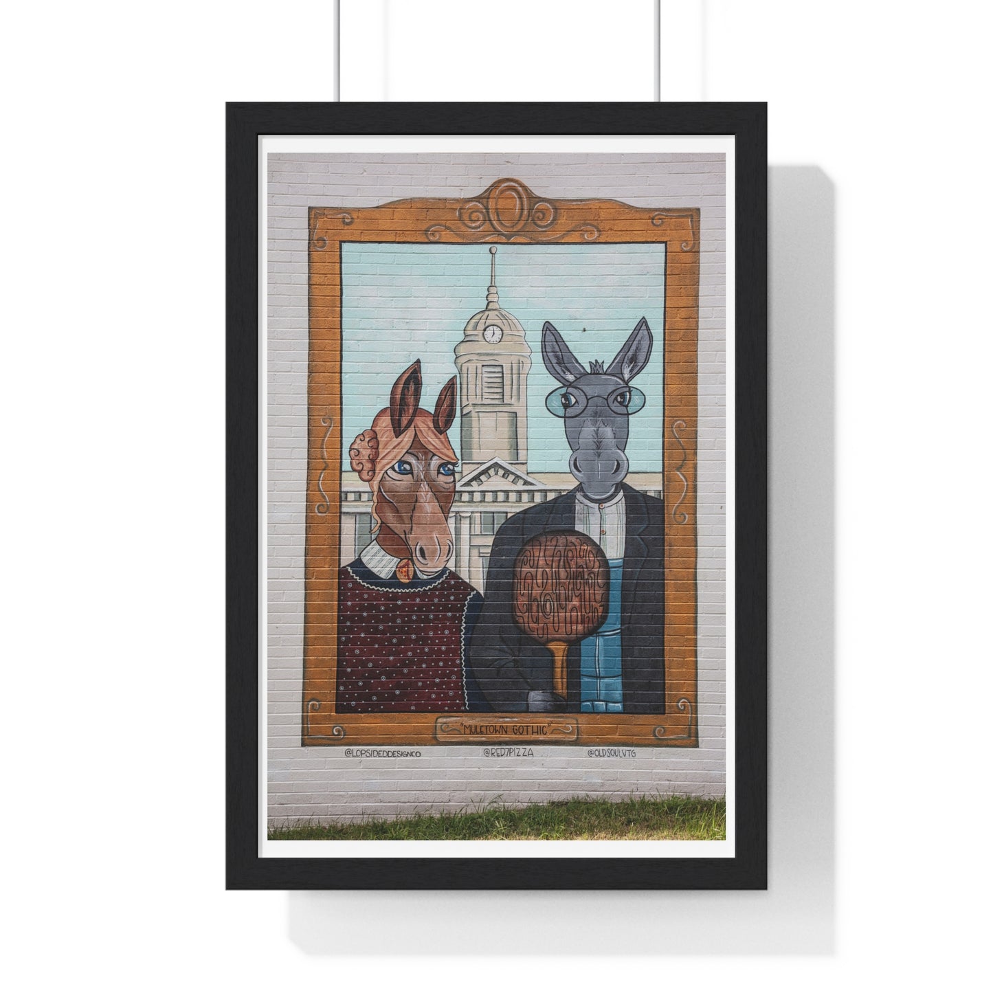 Mural Art 'Muletown Gothic' Featuring Two Mules on a Side of the Red 7 Pizza Restaurant in Columbia, Tennessee, from the Original, Framed Print