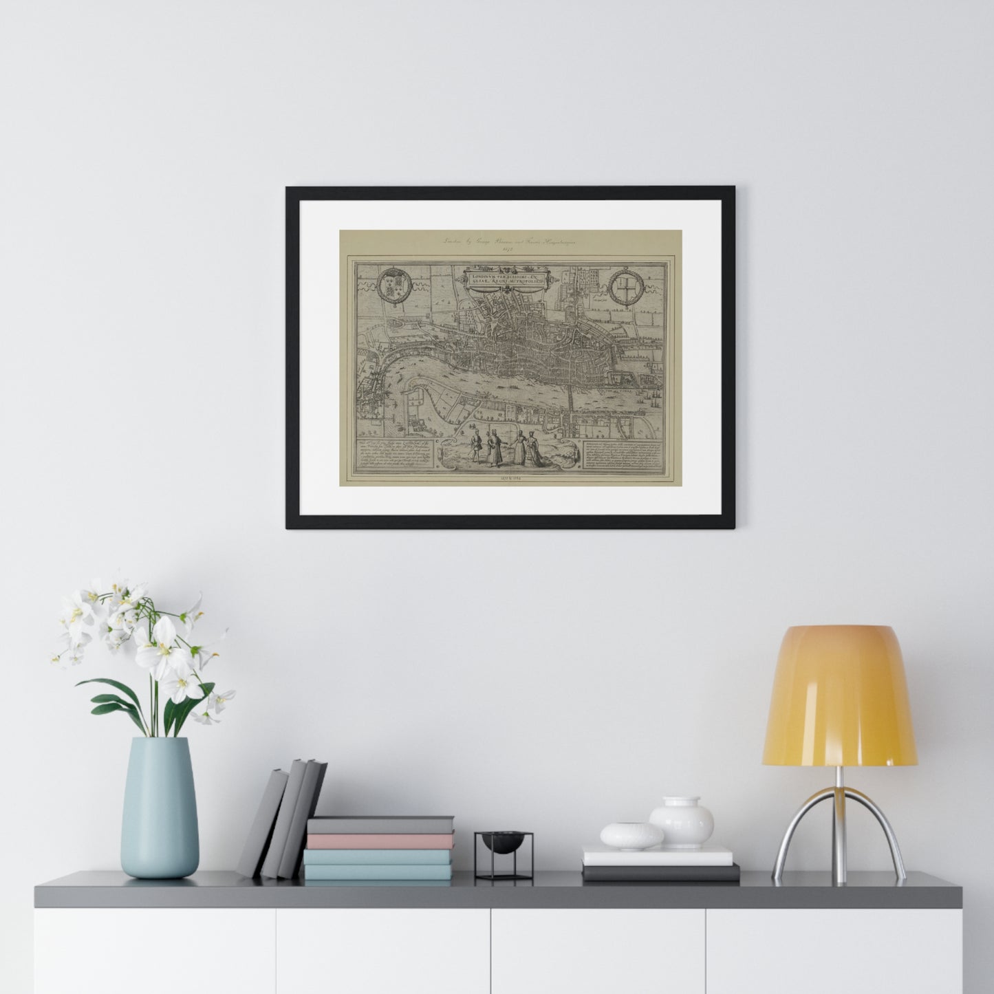 Tudor Antique Map of London (1572) 'Londinum Feracissimi Angliae Regni Metropolis' from the Original, Framed Print