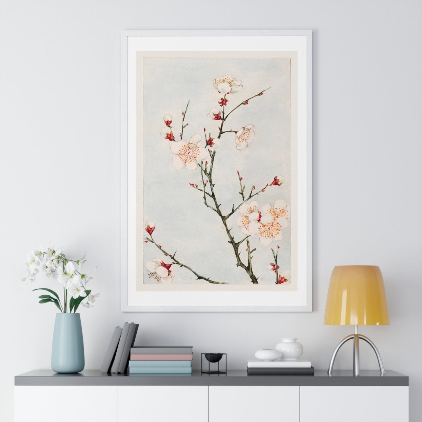 Plum Branches with Blossoms (1870–1880) by Megata Morikaga, from the Original, Framed Art Print