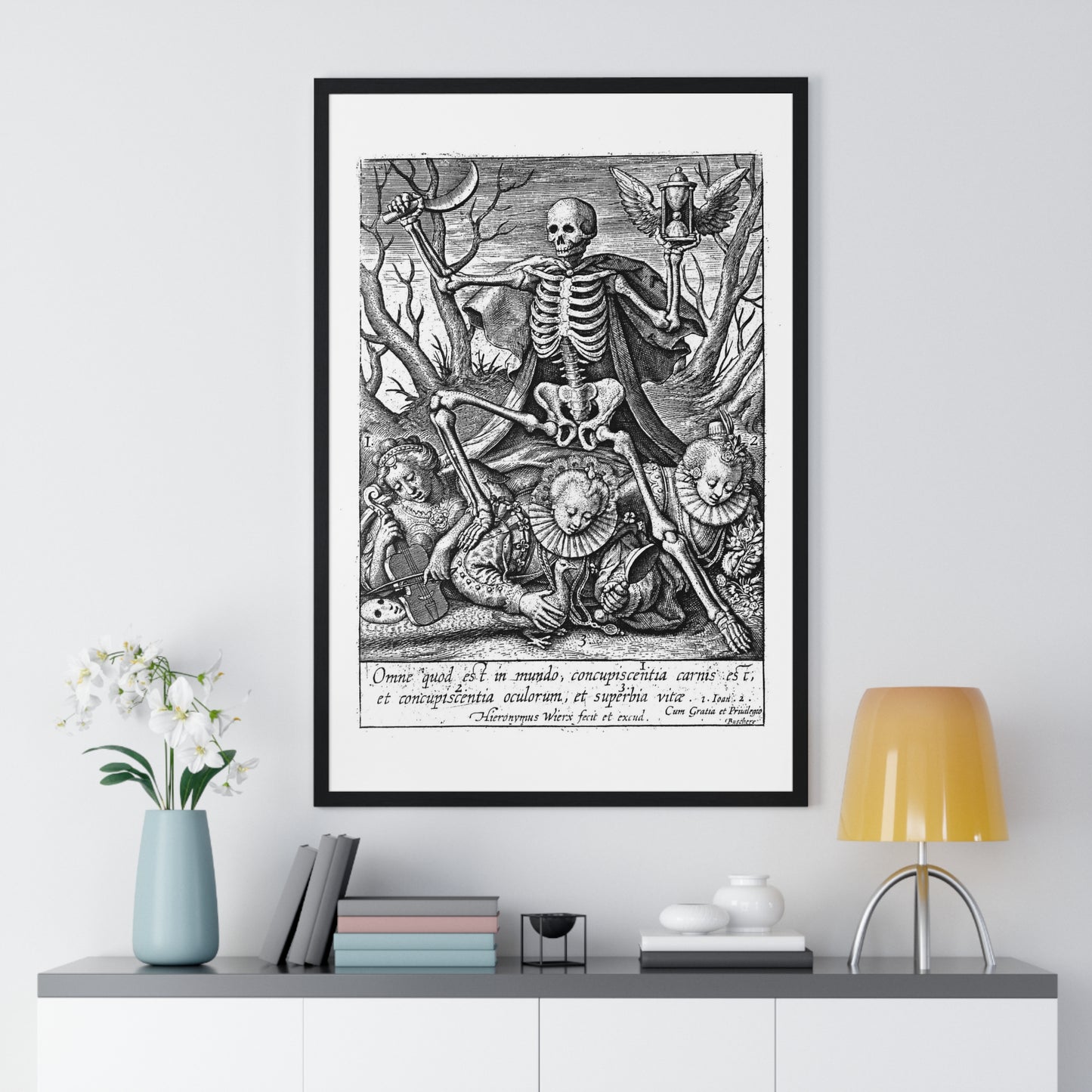 Death Tramples on Three Female Allegorical Figures Representing Sensual Pleasures, Etching by Hieronymus Wierix, Vintage Framed Print