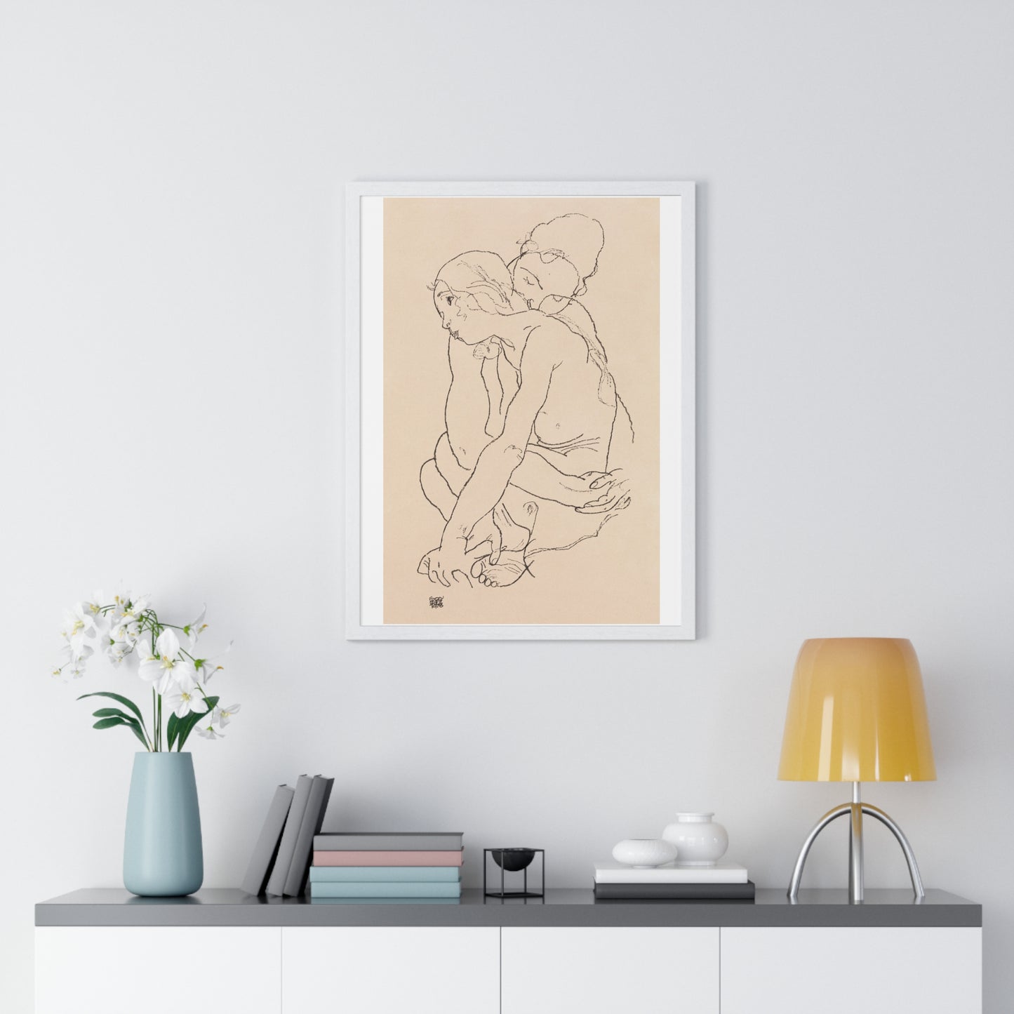 Woman and Girl Embracing (1918) by Egon Schiele, from the Original, Framed Art Print