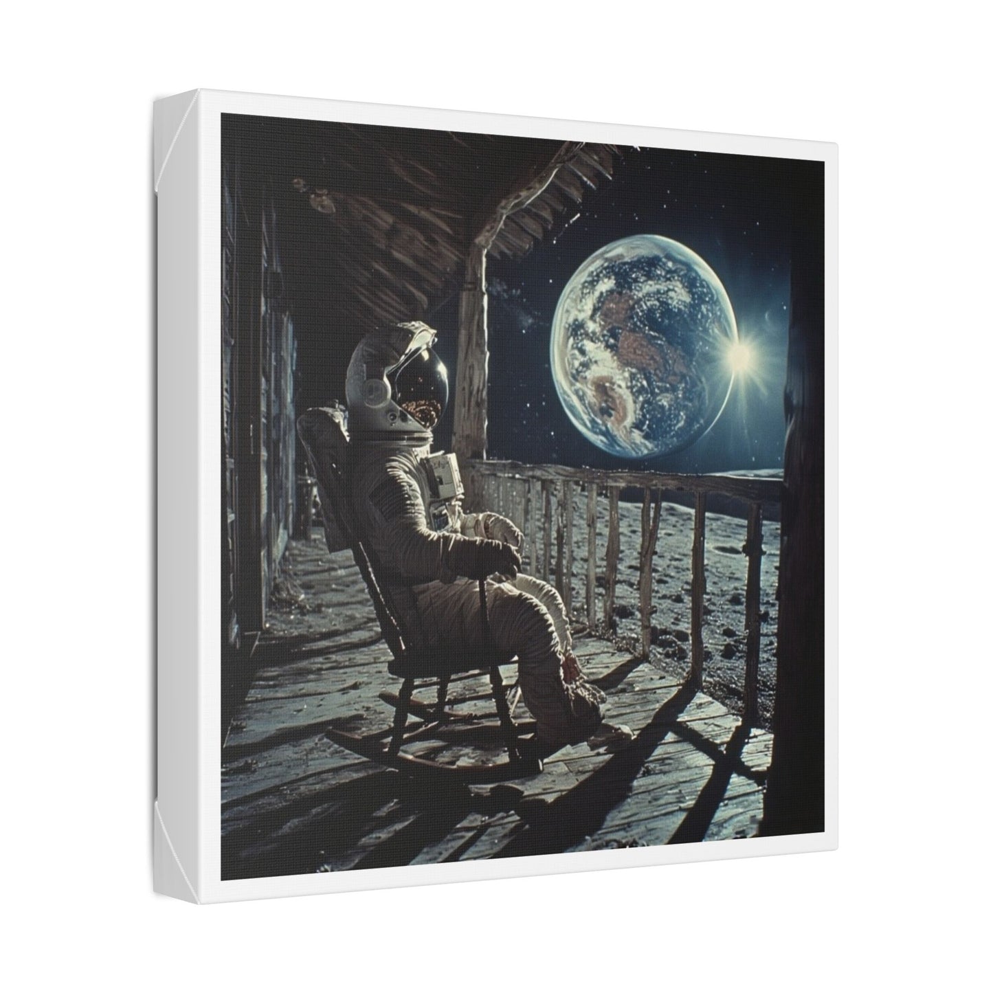 Astronaut on the Moon Sitting in a Rocking Chair on the Porch of a Farmhouse, Photorealism 'Designed by AI' Canvas Art Print