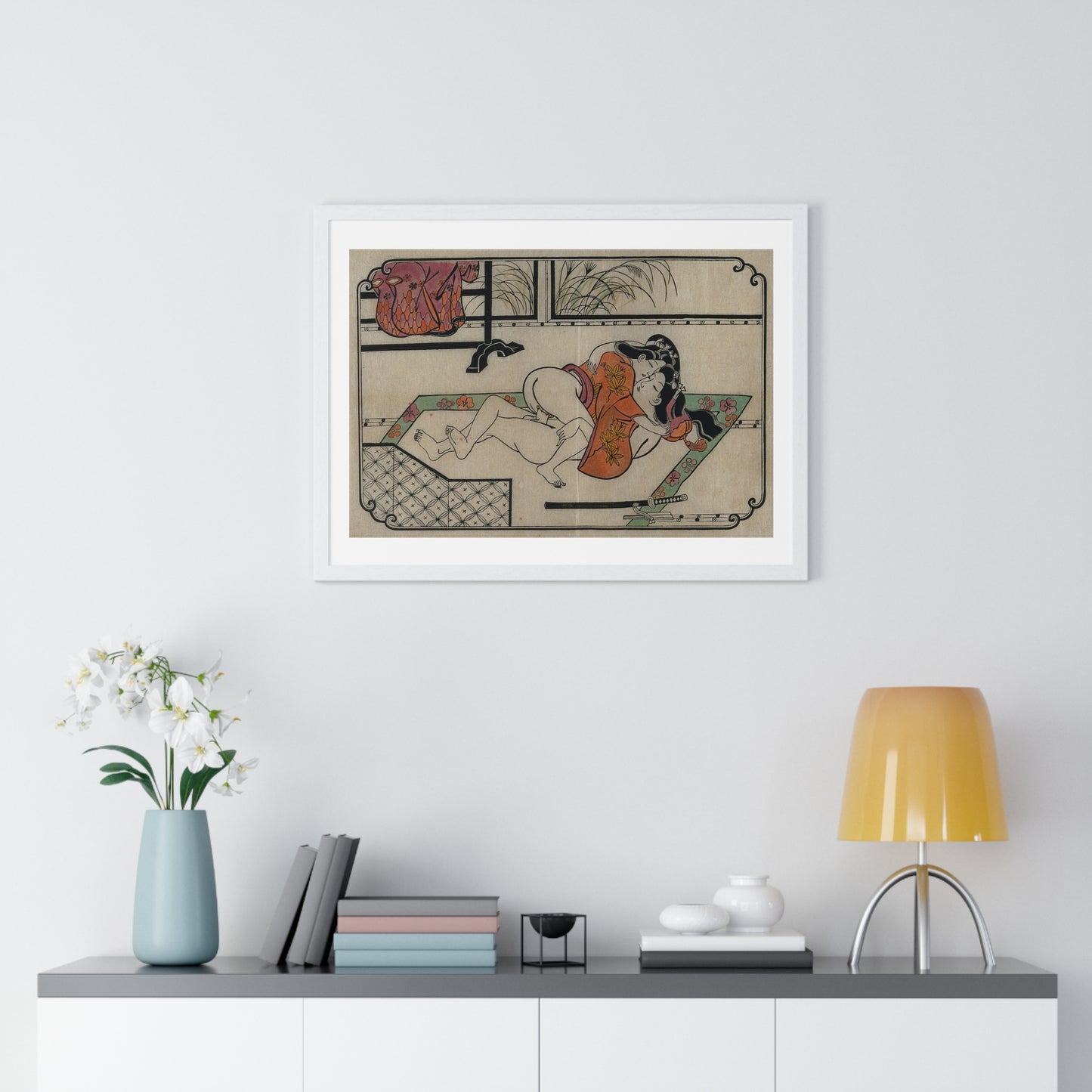 Young Couple Making Love, Coloured Reproduction of a Woodcut by Moronobu (1680s) Framed Art Print