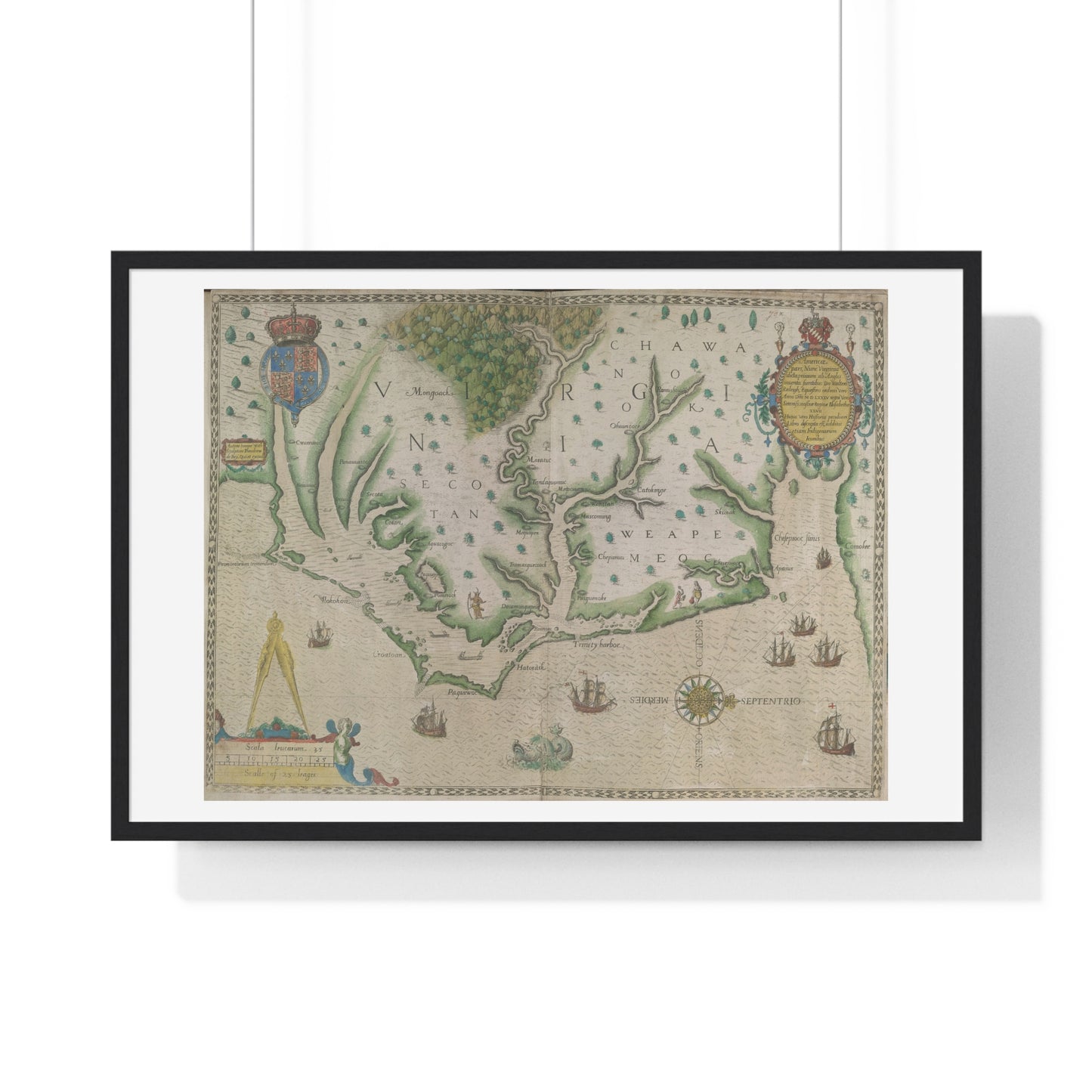 Engraved Map of Virginia (1618) Showing the Arrival of Sir Walter Raleigh's Expedition, from the Original, Framed Print