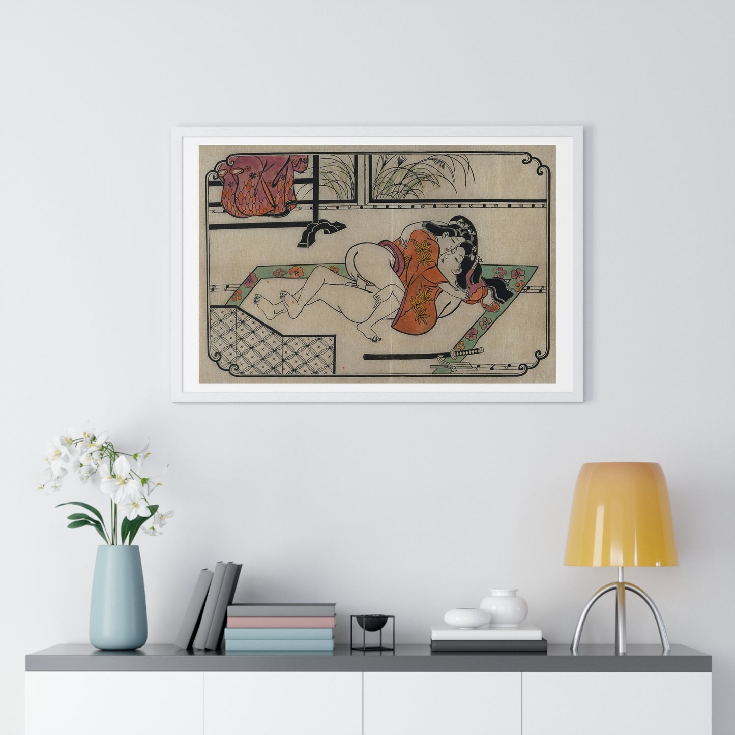 Young Couple Making Love, Coloured Reproduction of a Woodcut by Moronobu (1680s) Framed Art Print