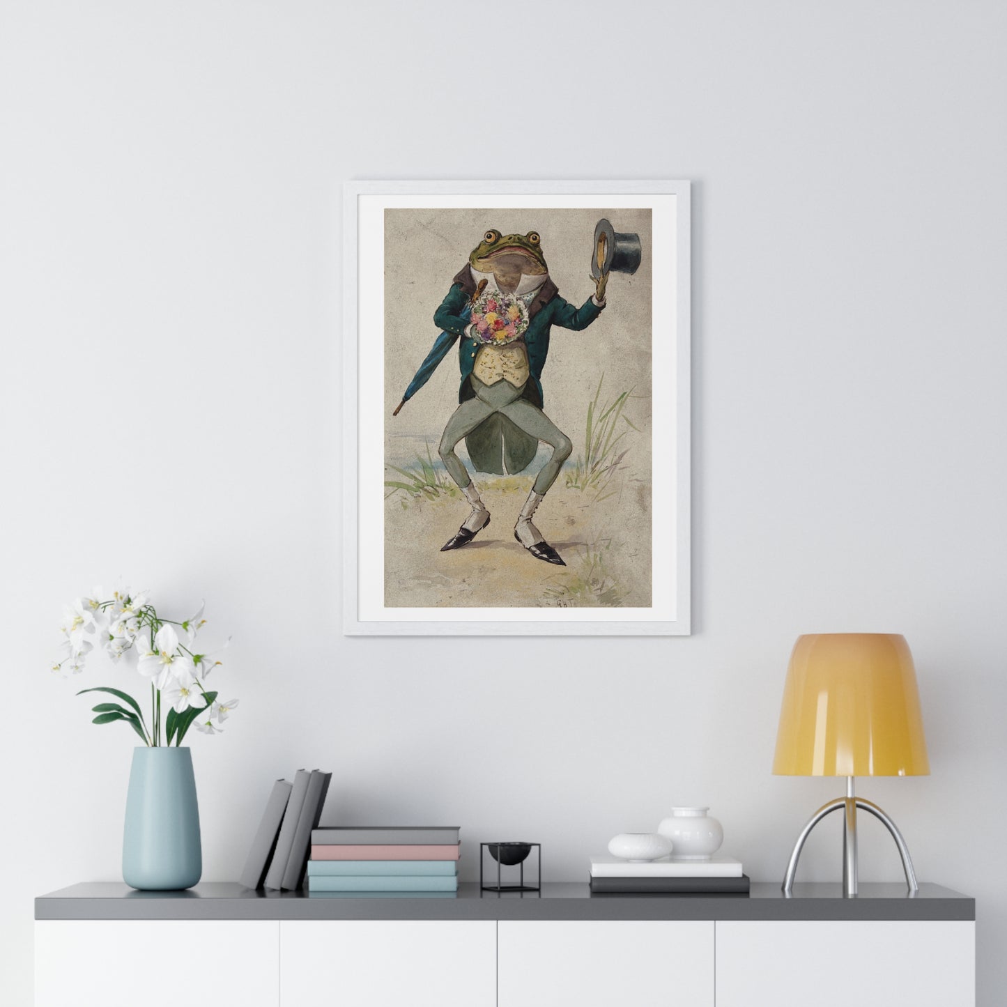 A Toad in Morning Dress, Holding an Umbrella and a Bunch of Flowers, by G Hope Tait (1900) from the Original, Framed Print