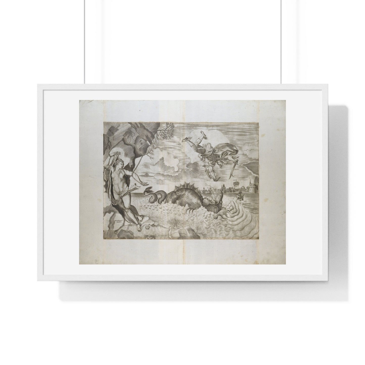 Perseus and Andromeda (1550-1570) by Giulio Sanuto after Titiaan, Albrecht Dürer and Ferando Bertelli, from the Original, Framed Print