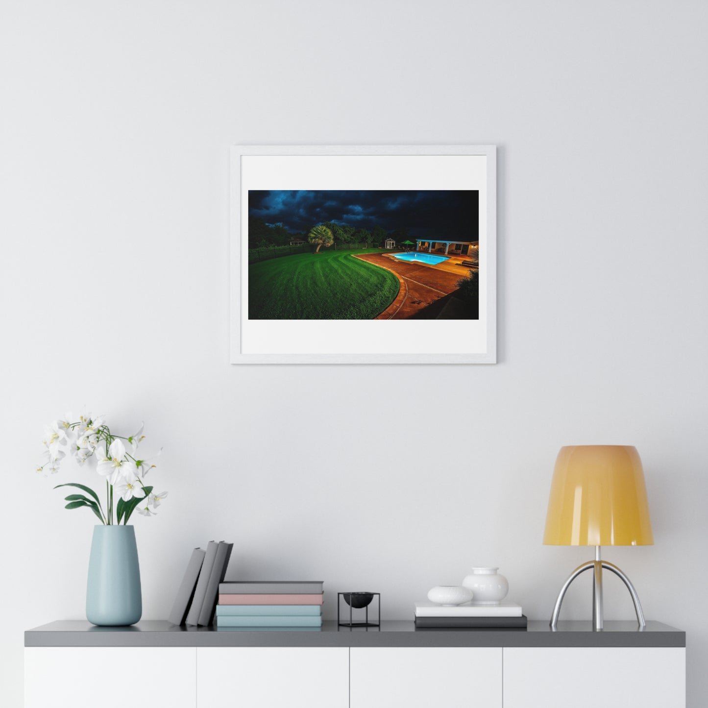 Dystopian Pool Scene II Photorealistic Art Style 'Designed by AI' Framed Print