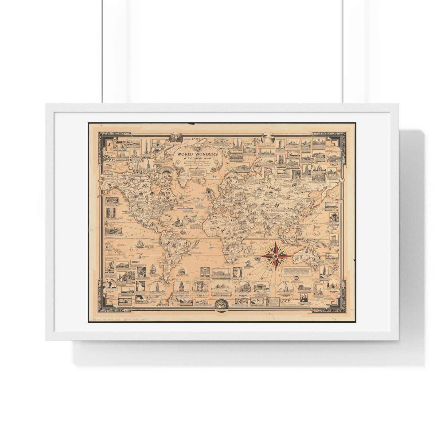 World Wonders, Pictorial Map of the World (1939) by Ernest Dudley Chase, from the Original, Framed Art Print