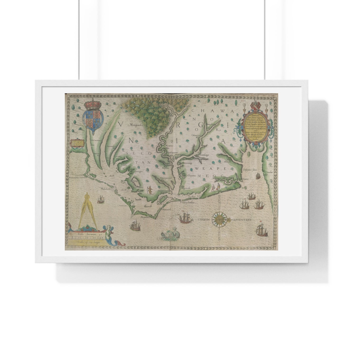 Engraved Map of Virginia (1618) Showing the Arrival of Sir Walter Raleigh's Expedition, from the Original, Framed Print