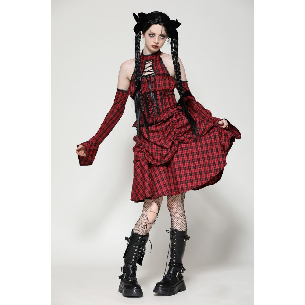 Dark in Love Rosalind Black and Red Tartan Cold Shoulder Halter Neck Dress