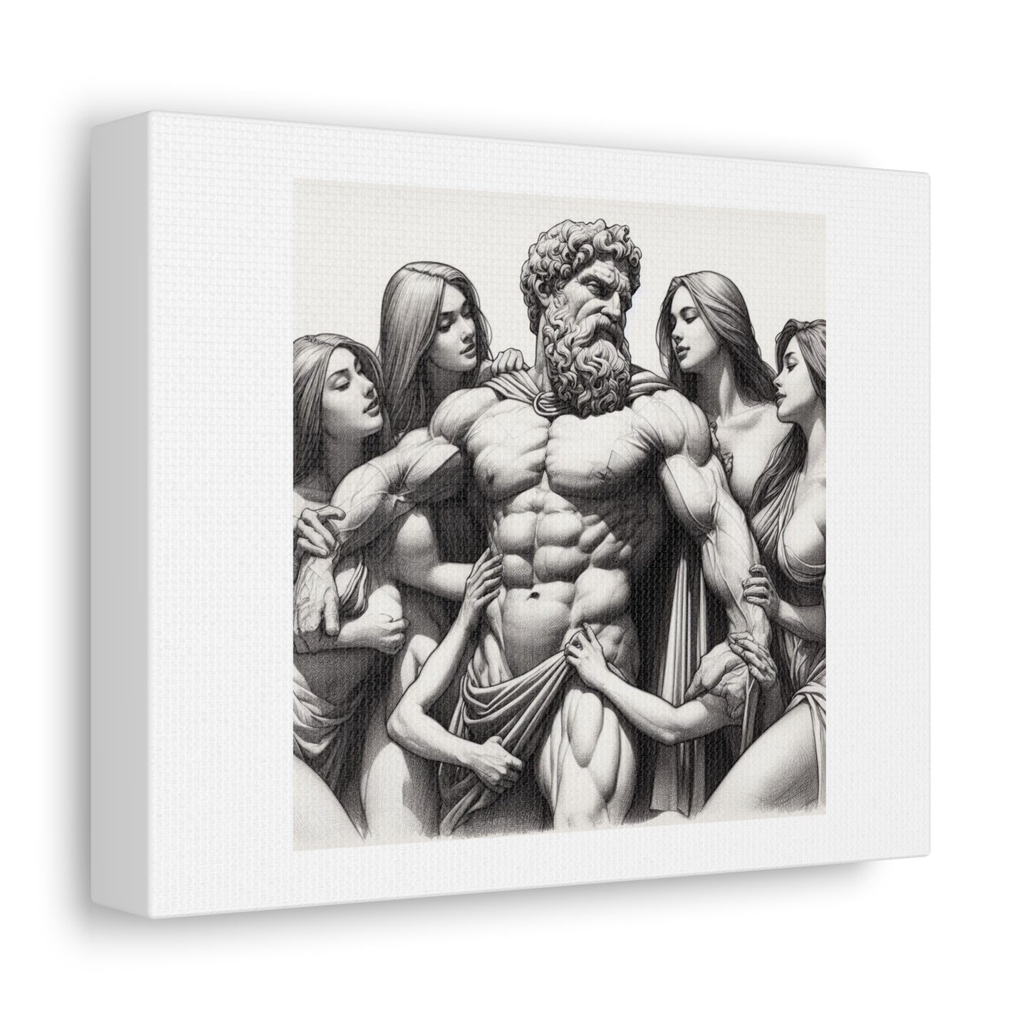 Male Bodybuilder in Ancient Greece Surrounded By Women Pencil Sketch Art Print ' Designed by AI' on Satin Canvas