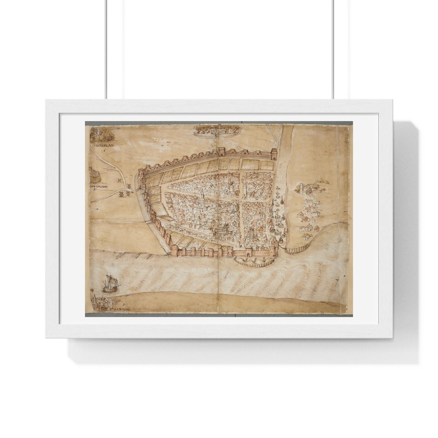 Antique Map of the City of Hull (circa 1539) from the Original Manuscript, Framed Print