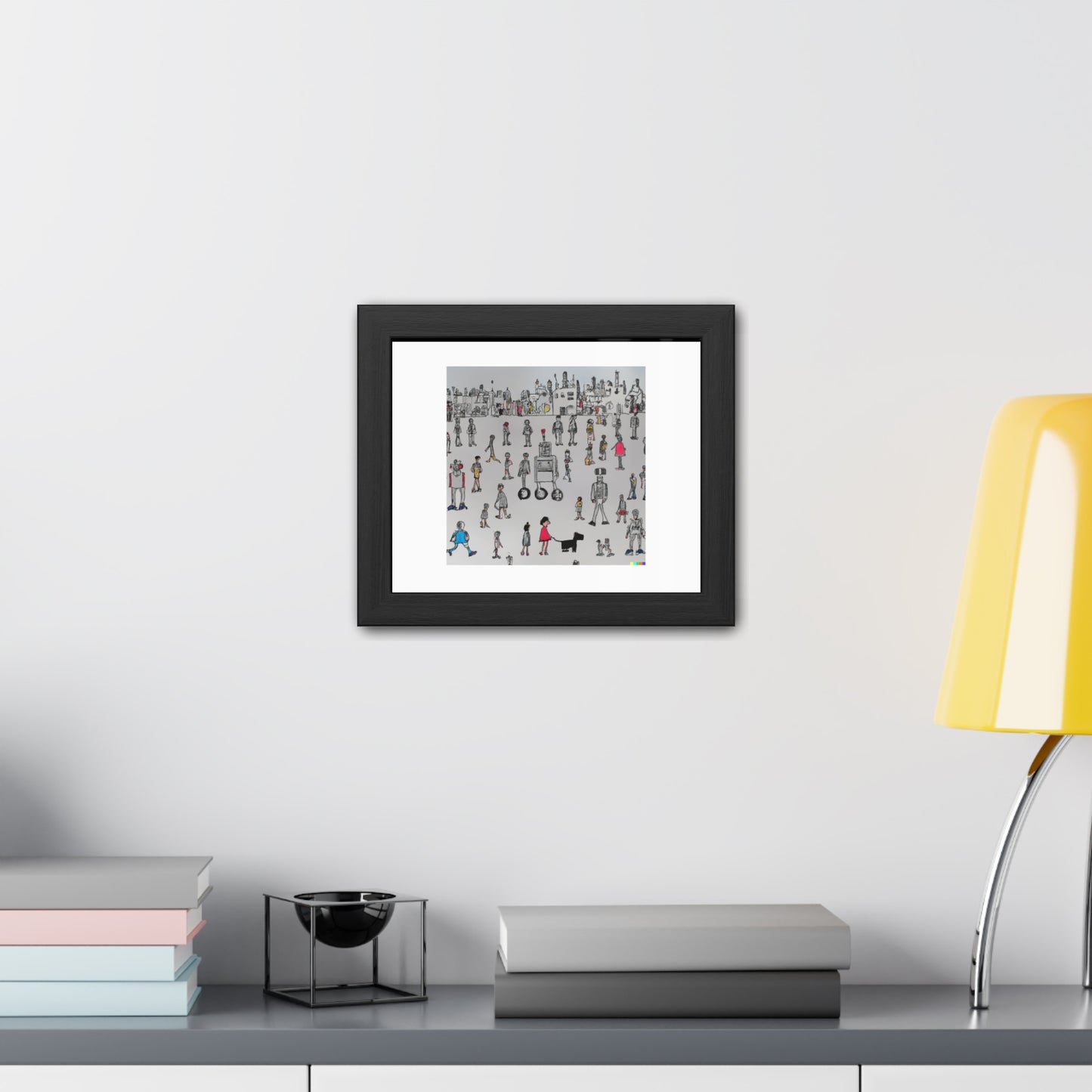 Robots et humains dans le style de Lowry 'Designed by AI' Poster encadré en bois en papier mat classique