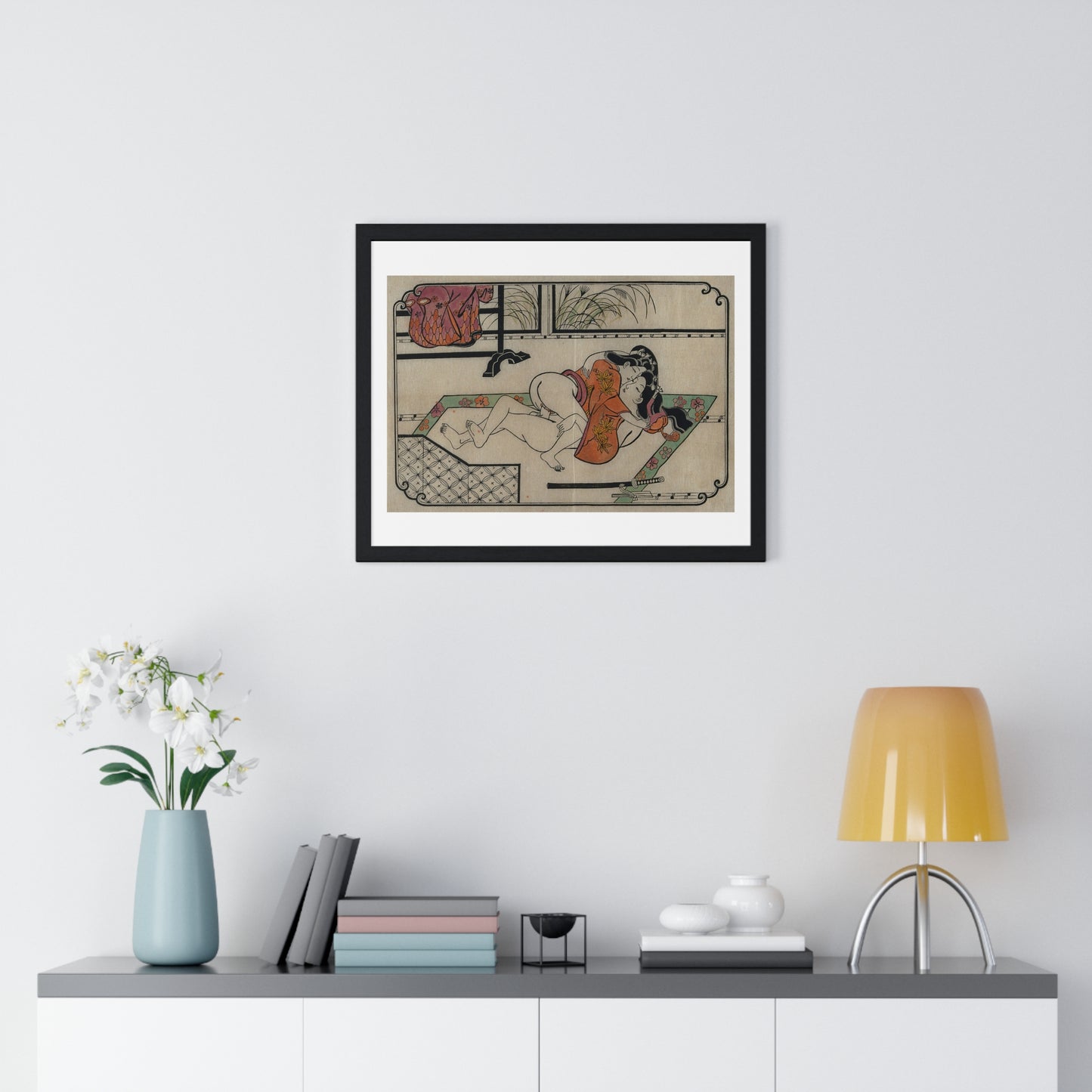 Young Couple Making Love, Coloured Reproduction of a Woodcut by Moronobu (1680s) Framed Art Print