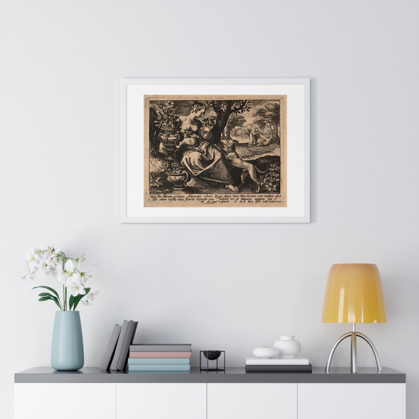 Woman in a Garden with Flowers, God Blows Spirit into Adam's Body, Reproduction Flemish Engraving, Framed Art Print