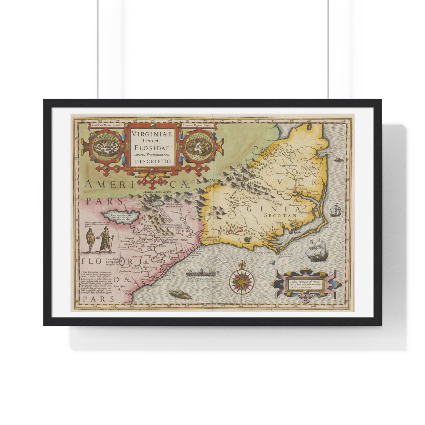 Historic Map of the American South: Virginia Item et Floridae (1606) by Gerardus Mercator and Jocodus Hondius, Framed Print