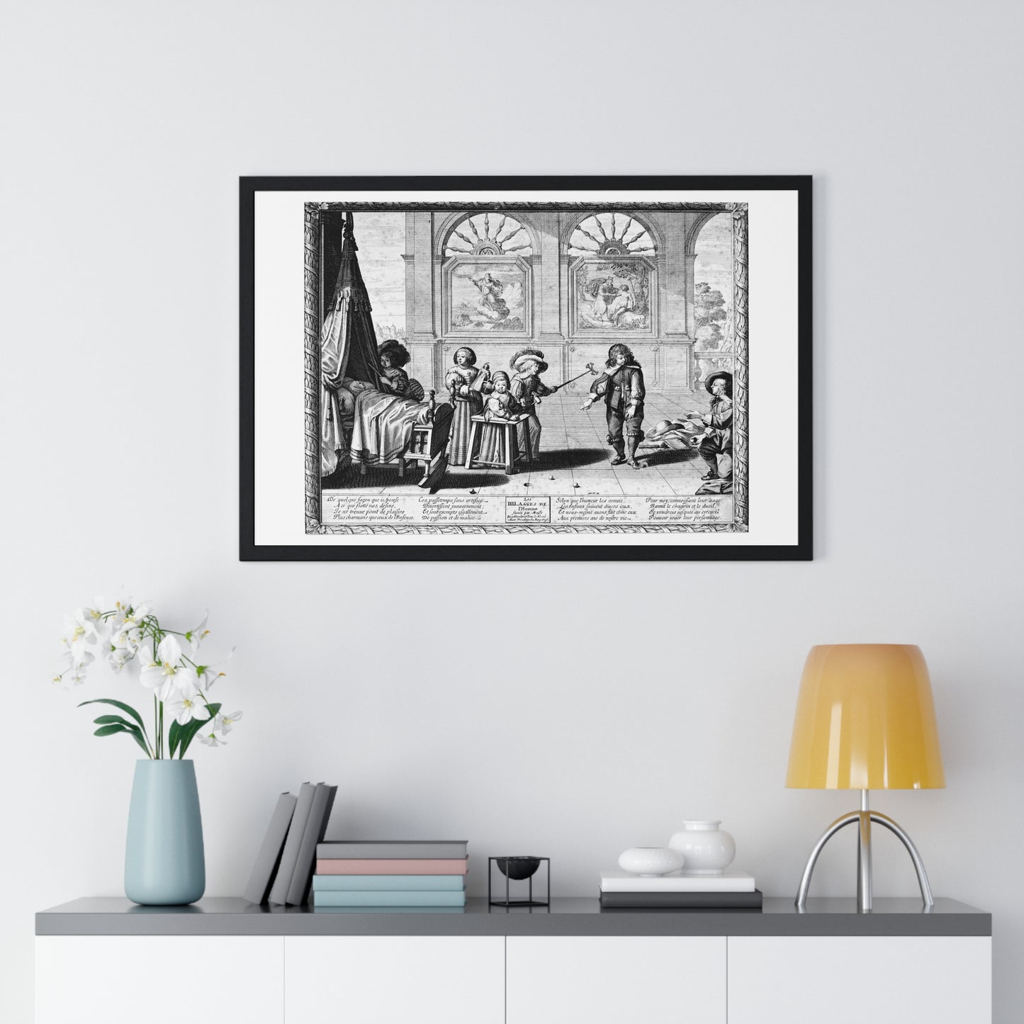 Children Playing with Toys, in the Background are Paintings of the Creation and the Creation of Adam, by Abraham Bosse (1636) Framed Print