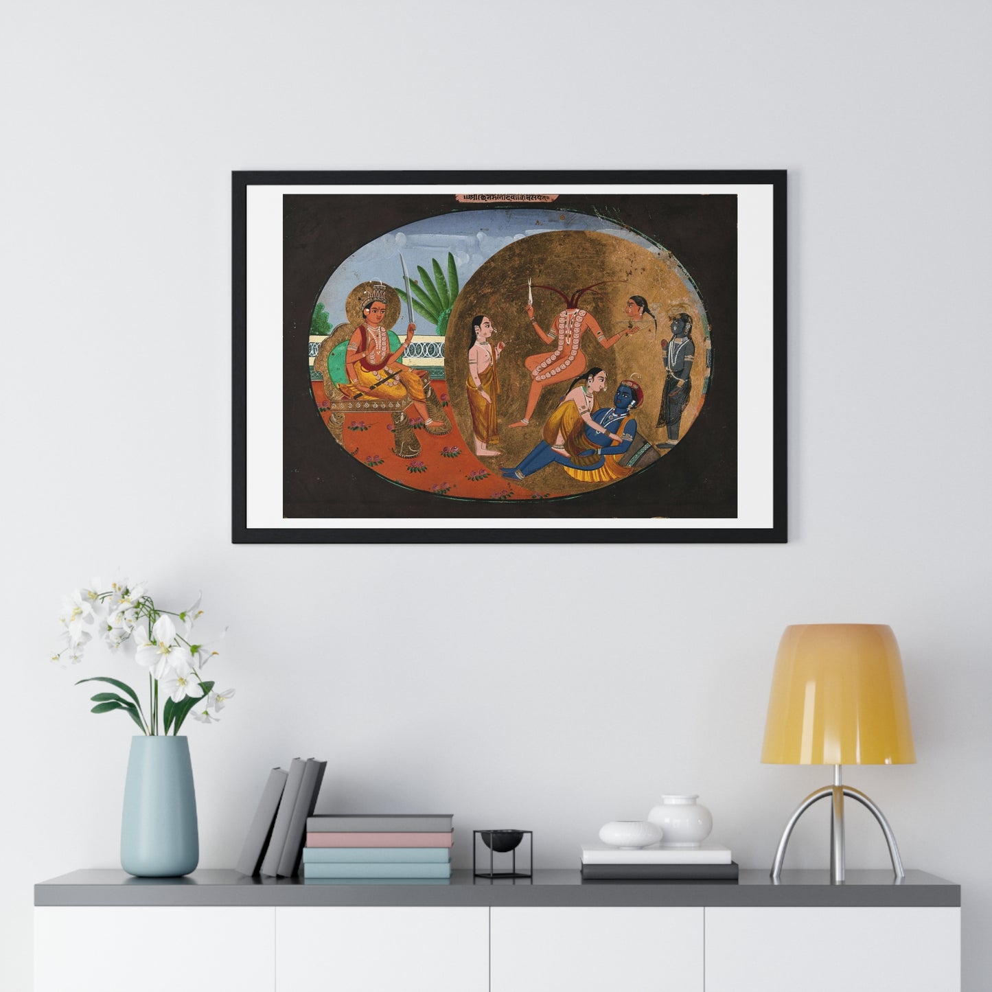 Hindu Deities Shiva, Chhinnamasta, Kamadeva and Rati, 19th Century Gouache Painting by an Indian Artist, Framed Print