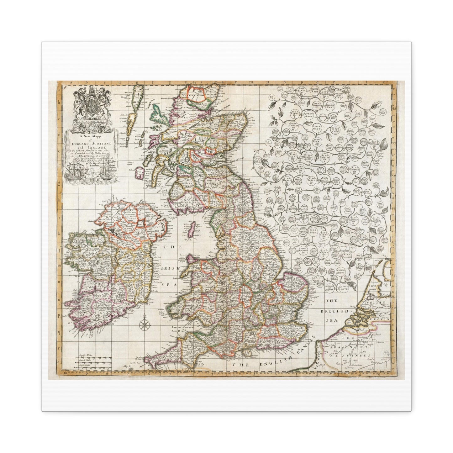 Antique Map of England Scotland and Ireland (1687) drawn by Robert Morden Art Print from the Original on Satin Canvas