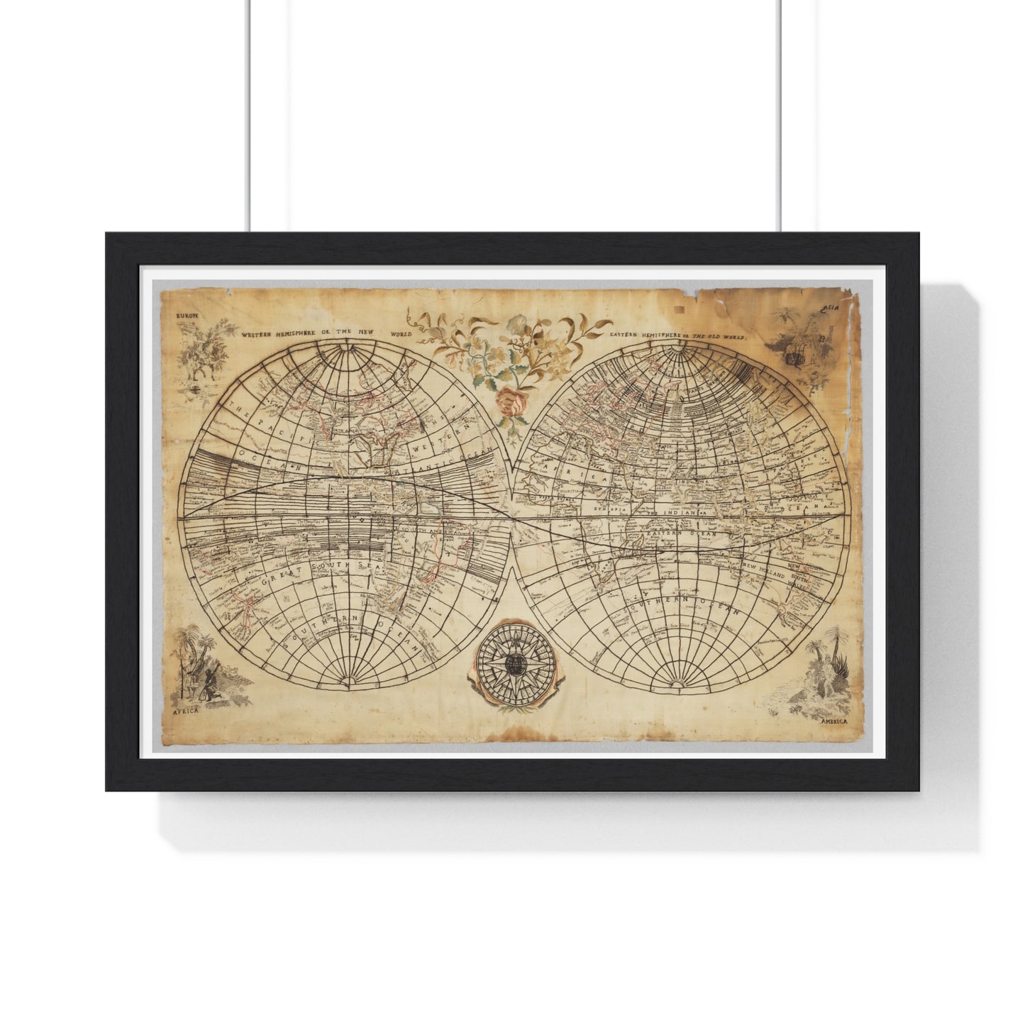 Antique Textile World Map Sampler (1790s) from the Original, Framed Print