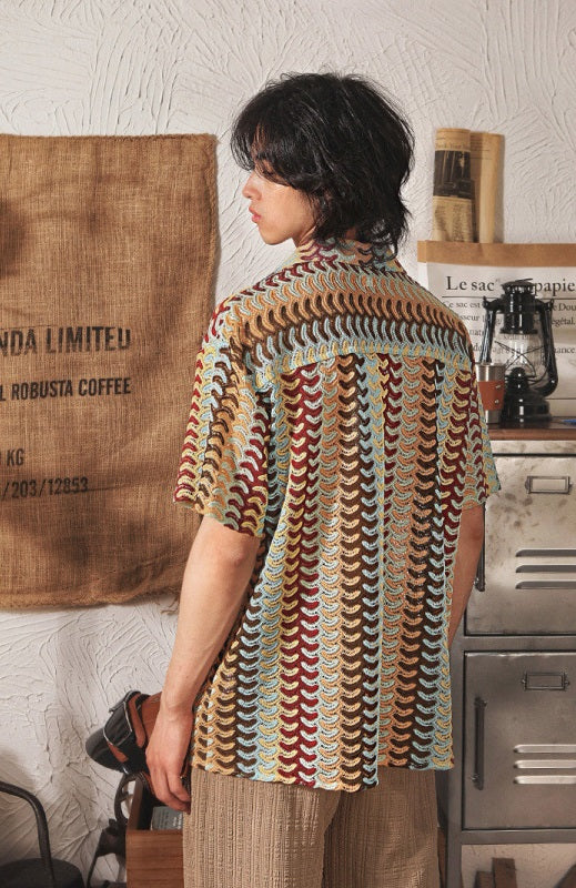 Men's Cuban-Collar National-Style Hollow Out Jacquard Short-Sleeve Shirt