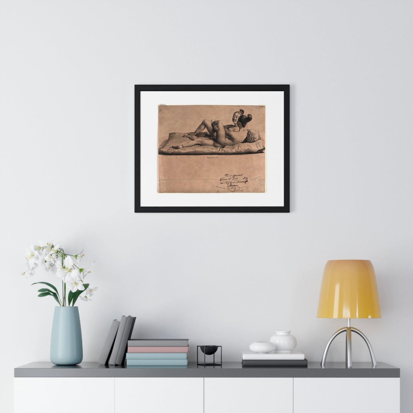 Two Chinese Girls with Bound Feet are Making Love on a Mattress (1829) Lithograph by Jean-Baptiste Mauzaisse, Framed Print