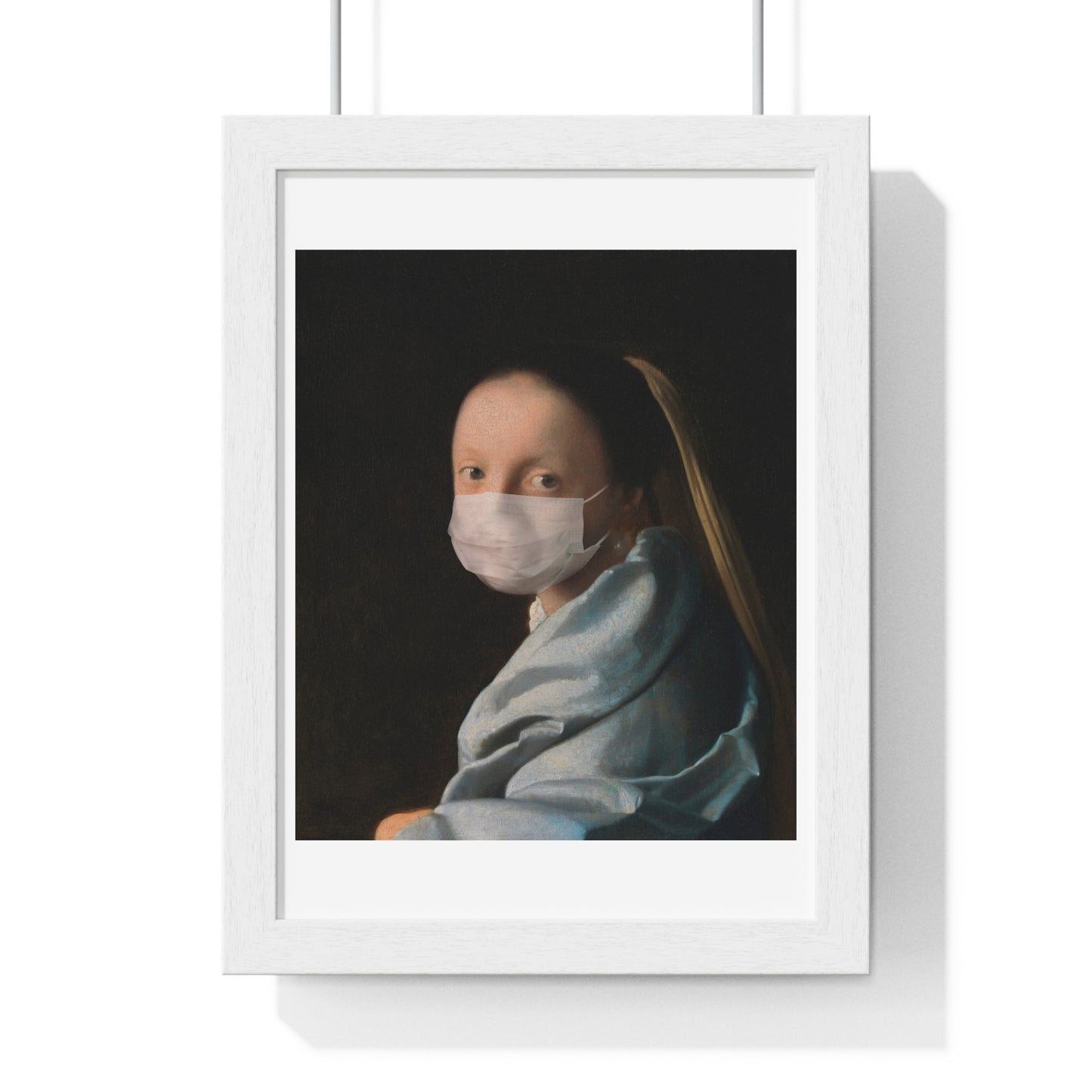 Johannes Vermeer's Young Woman Wearing a Face Mask During Coronavirus Pandemic, Remix, Framed Art Print