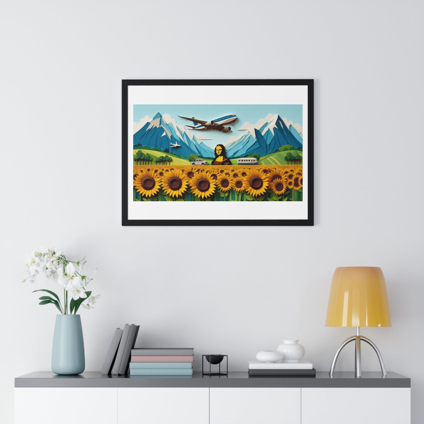 Mona Lisa in a Sunflower Meadow, Abstract Art 'Designed by AI' Framed Print