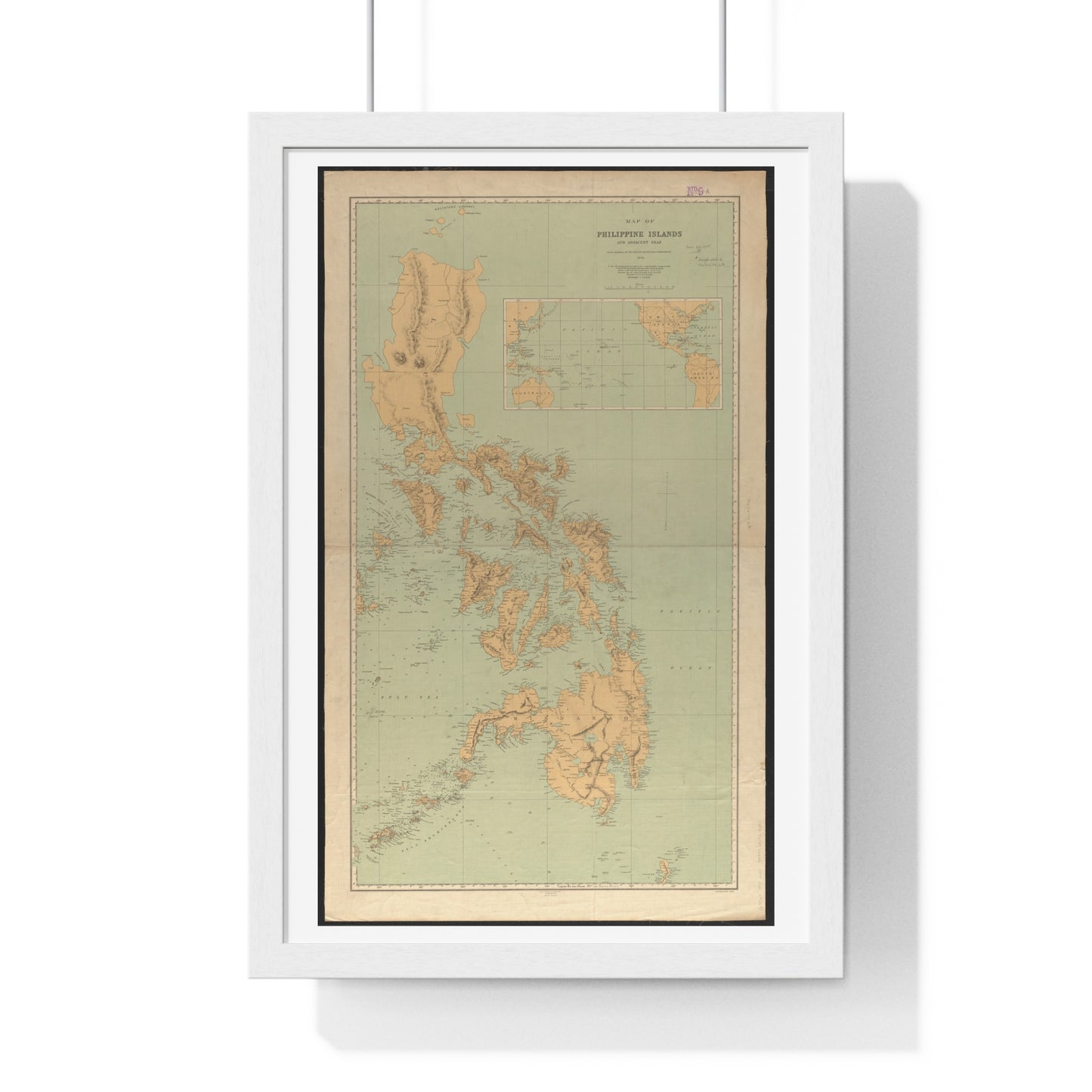 Vintage Map of Philippines and Adjacent Seas from Material of the English and Batavian Governments (1898) from the Original, Framed Art Print