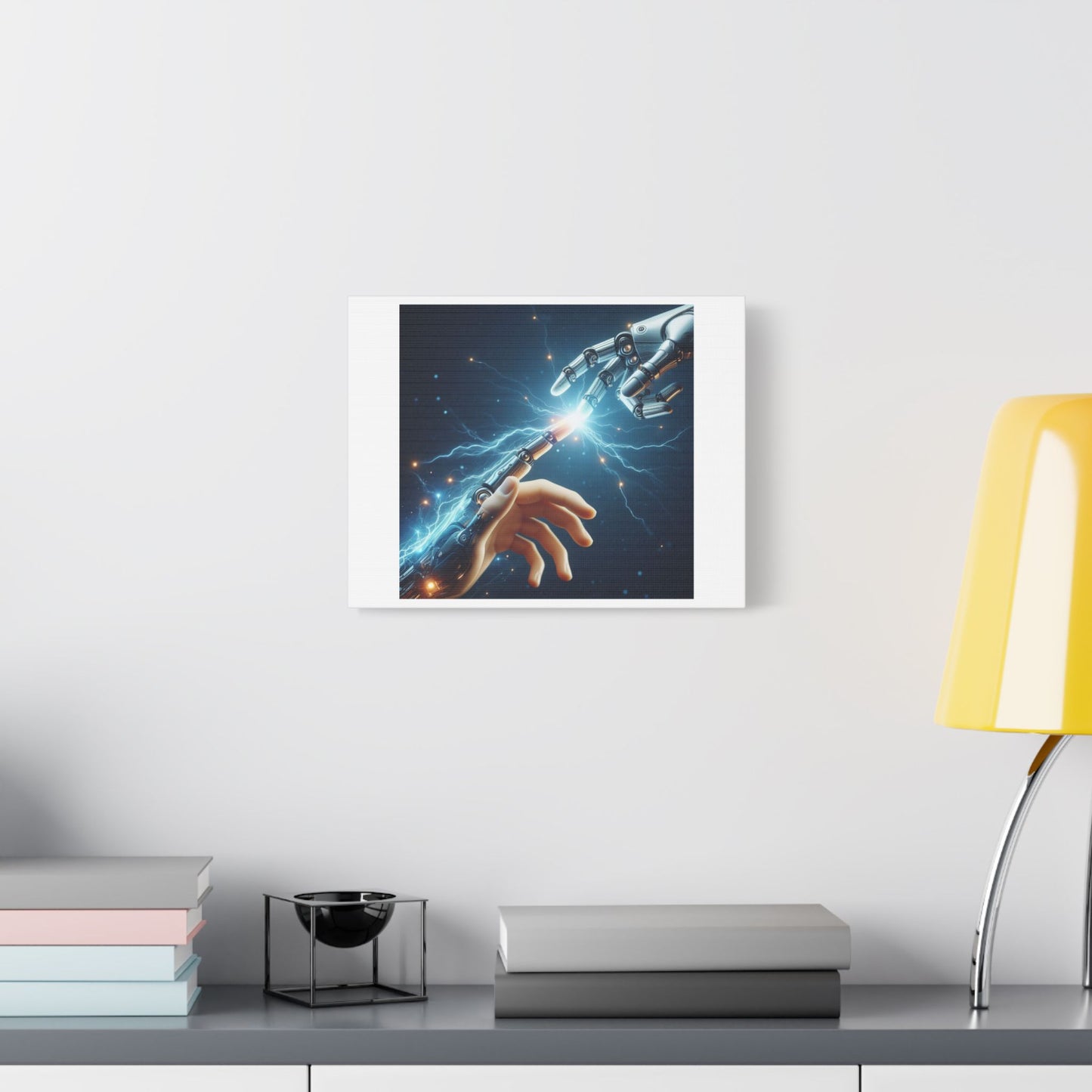 Robot and Human in Michelangelo's 'Creation of Adam' III, Art Print 'Designed by AI' on Canvas