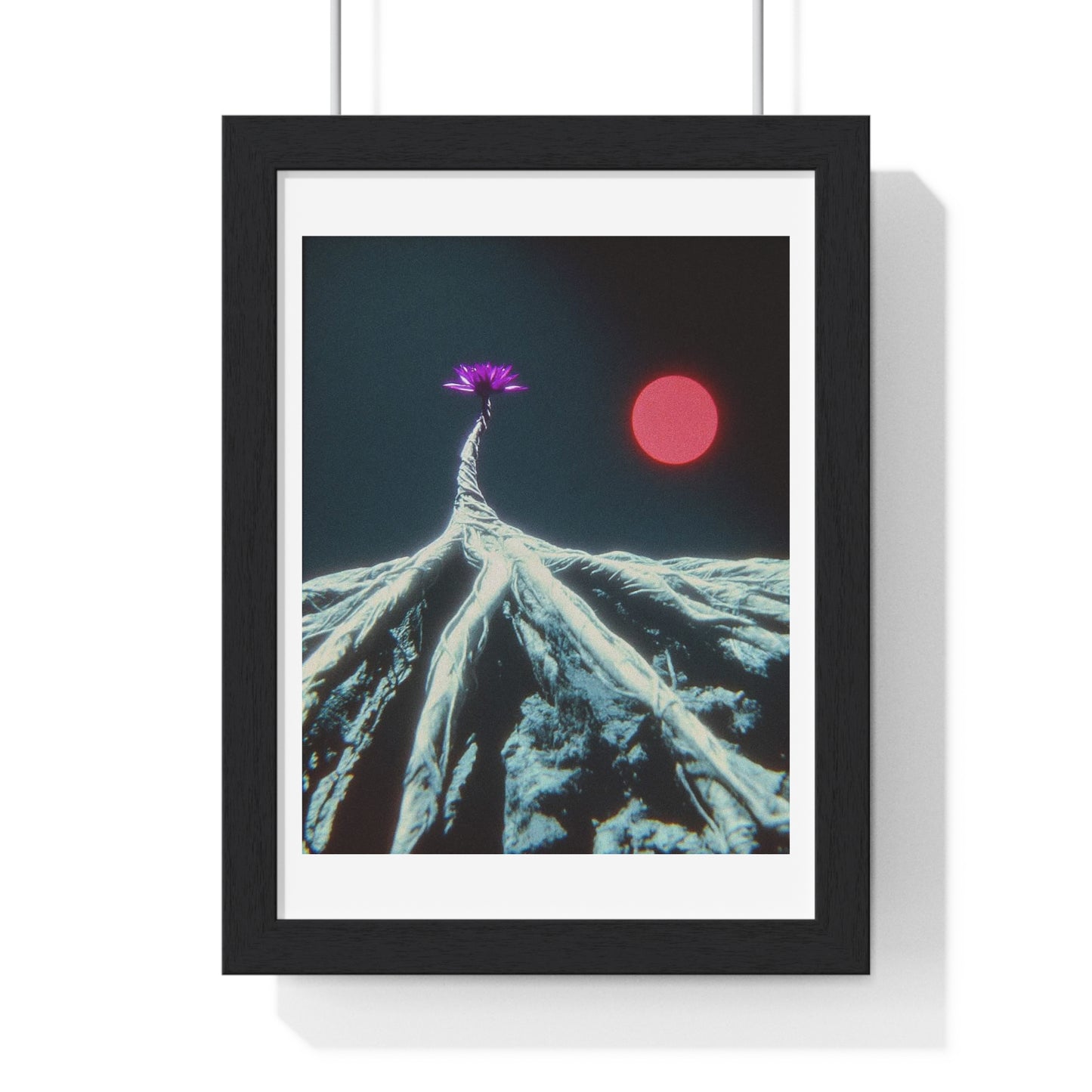 One Purple Flower Growing From Frozen Tundra Against a Red Sun 'Designed by AI' Framed Art Print