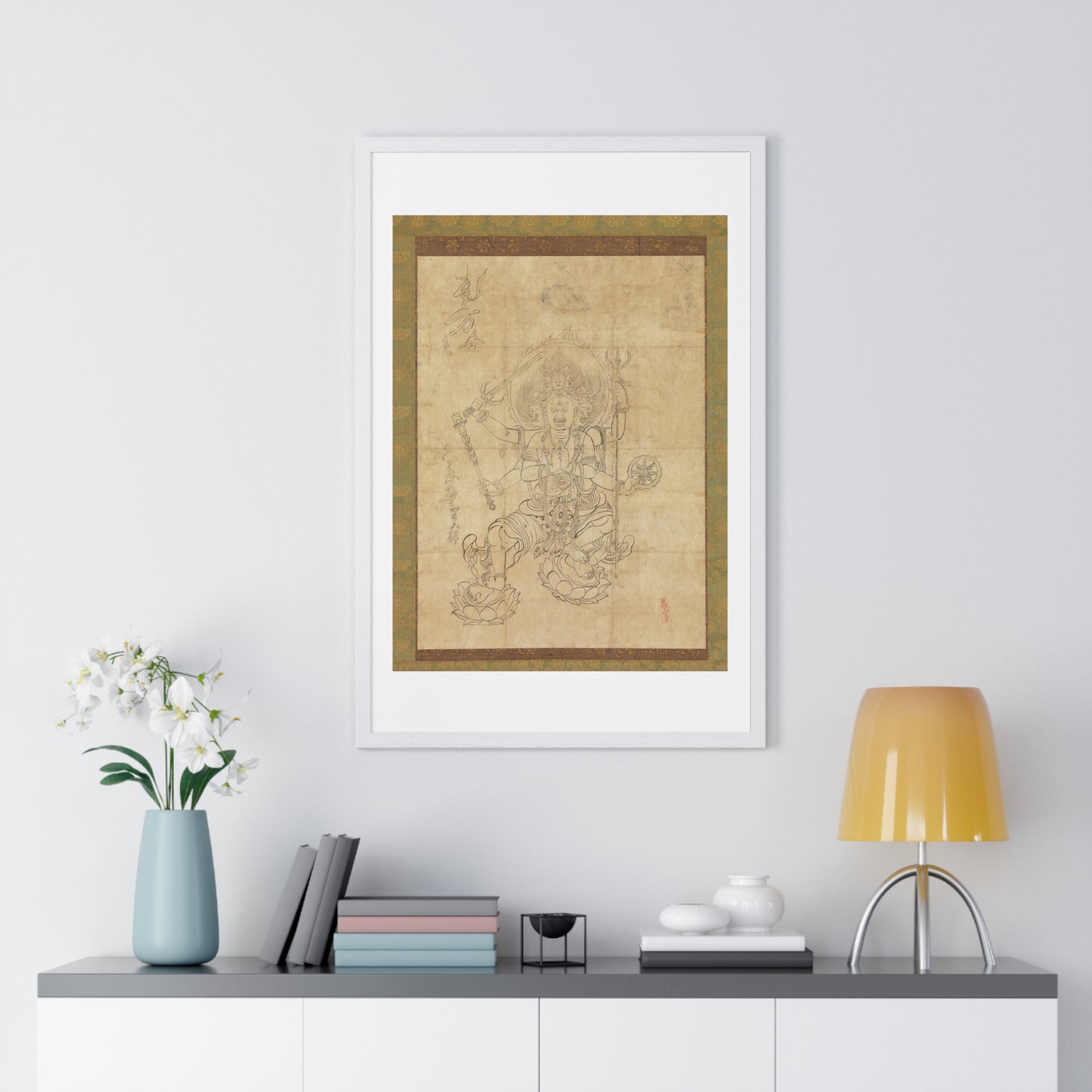 Antique Japanese Drawing of the Wisdom King Daiitoku (Daiitoku Myōō) from the Original, Framed Art Print