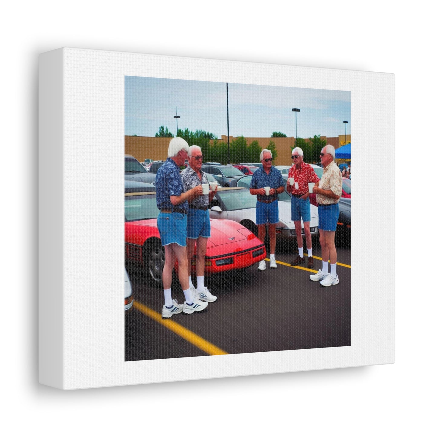 Typical Group of Prior Model Year Corvette Owners at Walmart On a Weekend 'Designed by AI' Art Print on Canvas