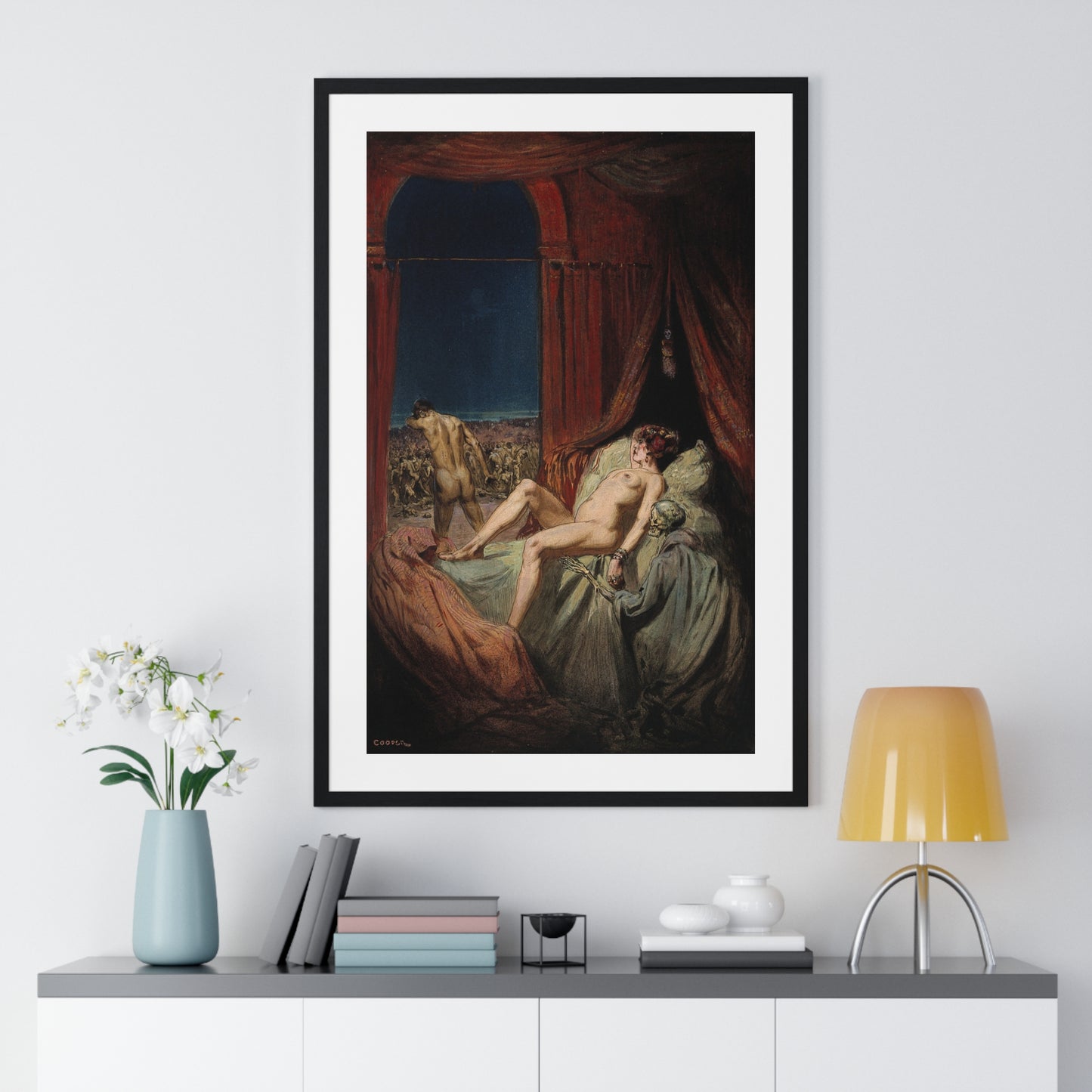 A Provocative Naked Young Woman Lying on a Bed, Death Sits at Her Side Representing Syphilis (1912) Framed Art Print