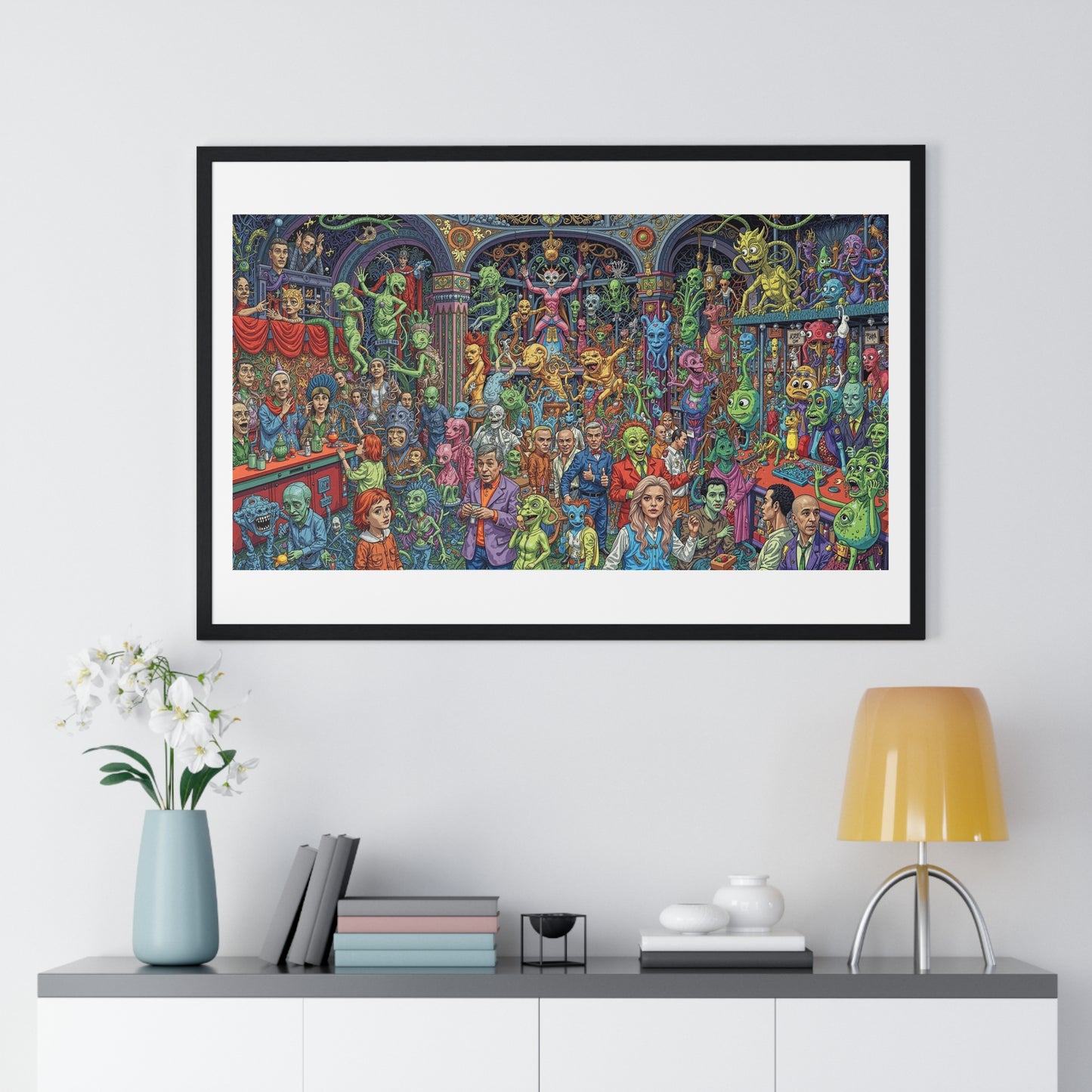 Demons and NPCs Diorama, Cartoon Art 'Designed by AI' Framed Art Print