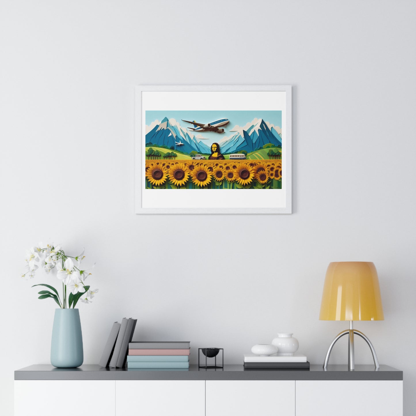 Mona Lisa in a Sunflower Meadow, Abstract Art 'Designed by AI' Framed Print