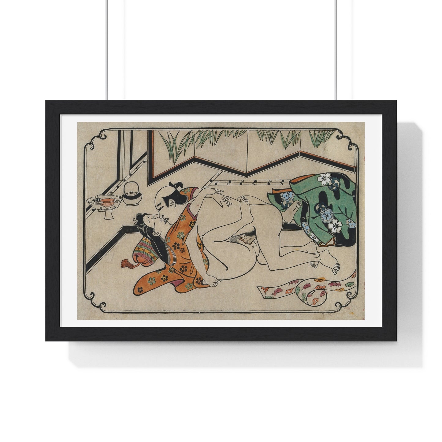 Middle-Aged Couple Making Love, Coloured Reproduction of a Woodcut by Moronobu (1680s) Framed Art Print
