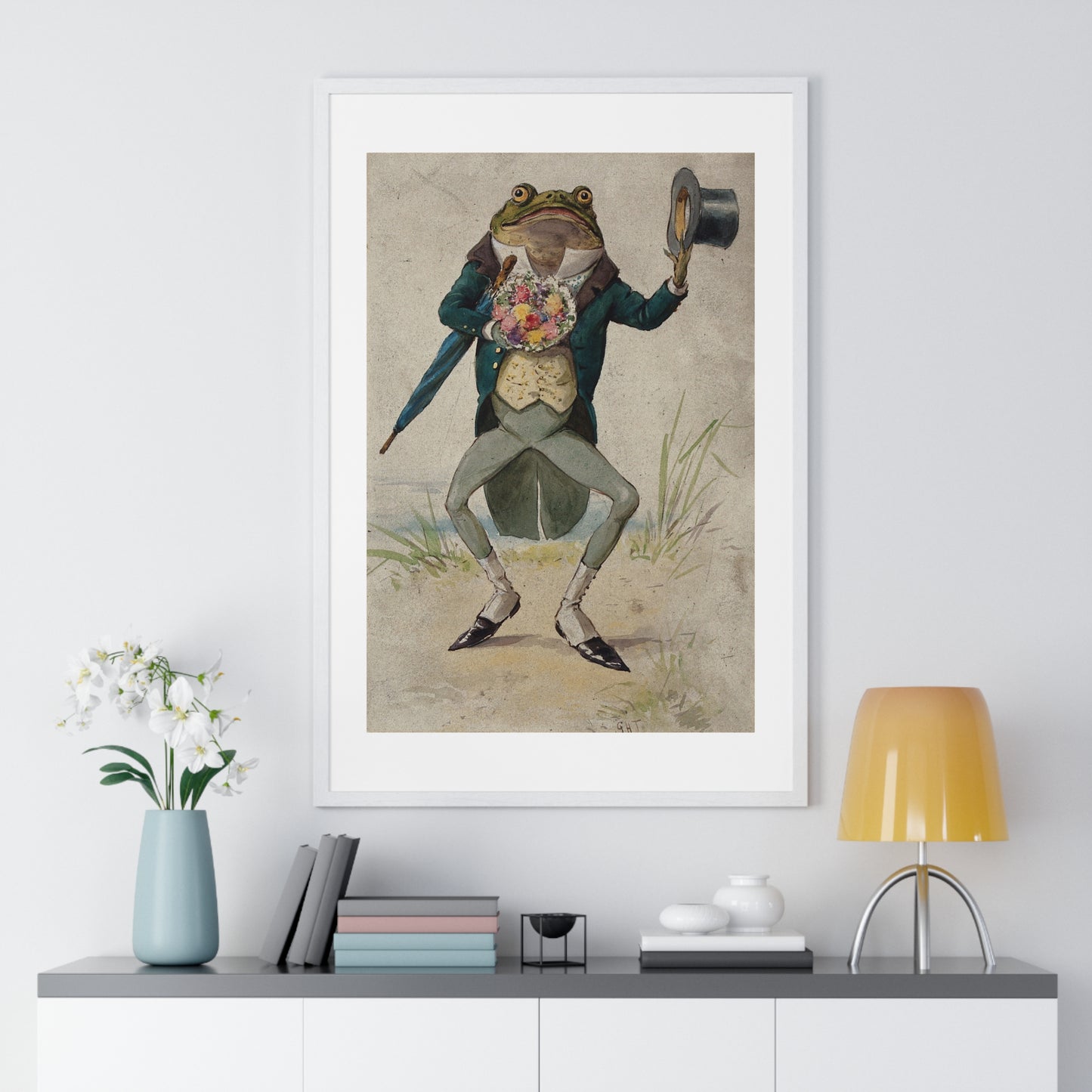 A Toad in Morning Dress, Holding an Umbrella and a Bunch of Flowers, by G Hope Tait (1900) from the Original, Framed Print