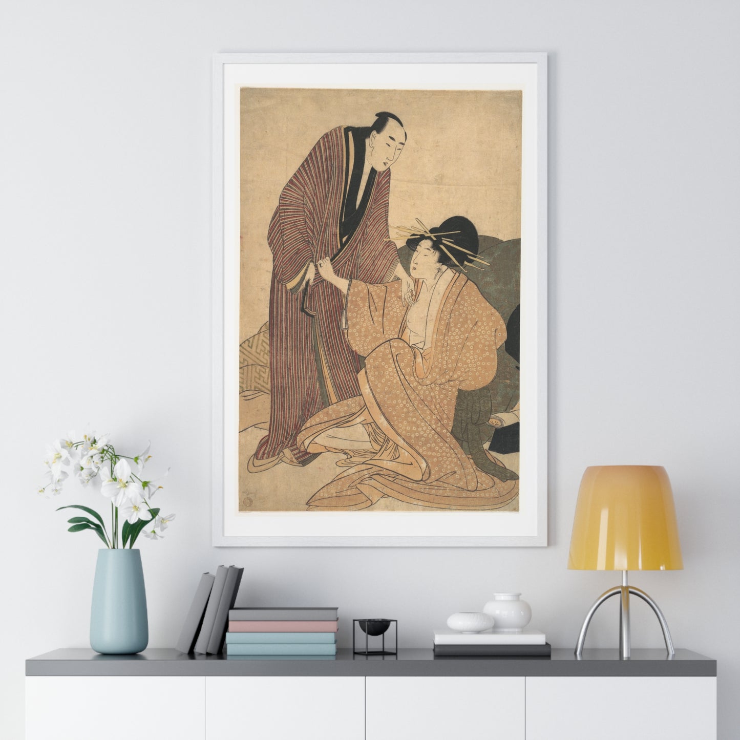 Japanese Vintage Art: Parting of Lovers, the Courtesan and her Lover (circa 1800) by Utamaro Kitagawa, Framed Art Print