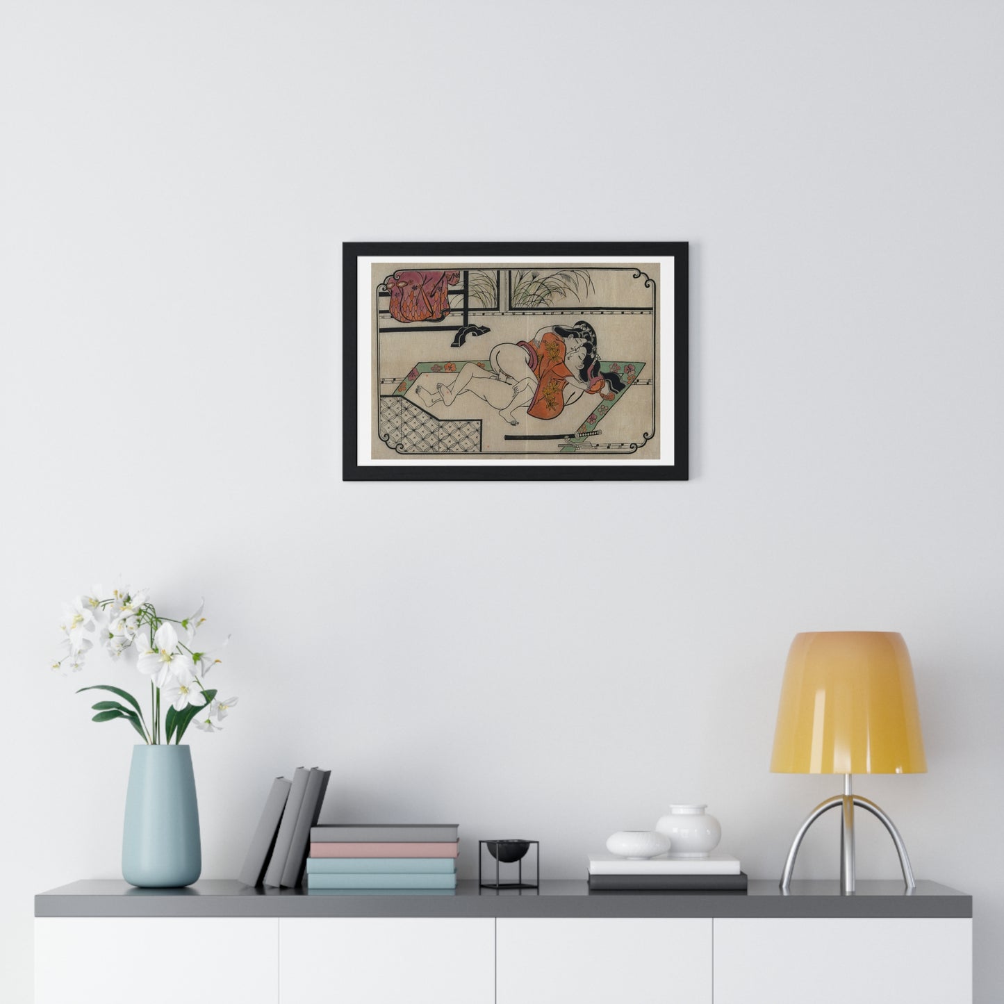 Young Couple Making Love, Coloured Reproduction of a Woodcut by Moronobu (1680s) Framed Art Print
