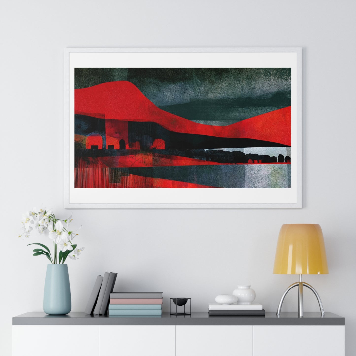 Unreal Landscape, Red and Grey Decor Art, Large Framed Print