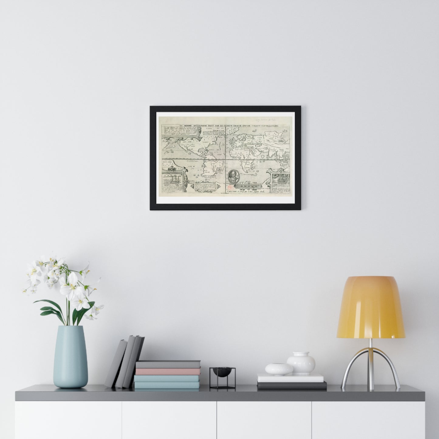 Francis Drake's World Voyage, Tudor Antique Map (circa 1581) from the Original, Framed Print