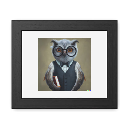 Stern Looking Owl As A Librarian Digital Art 'Designed by AI' Affiche encadrée en bois avec papier mat classique