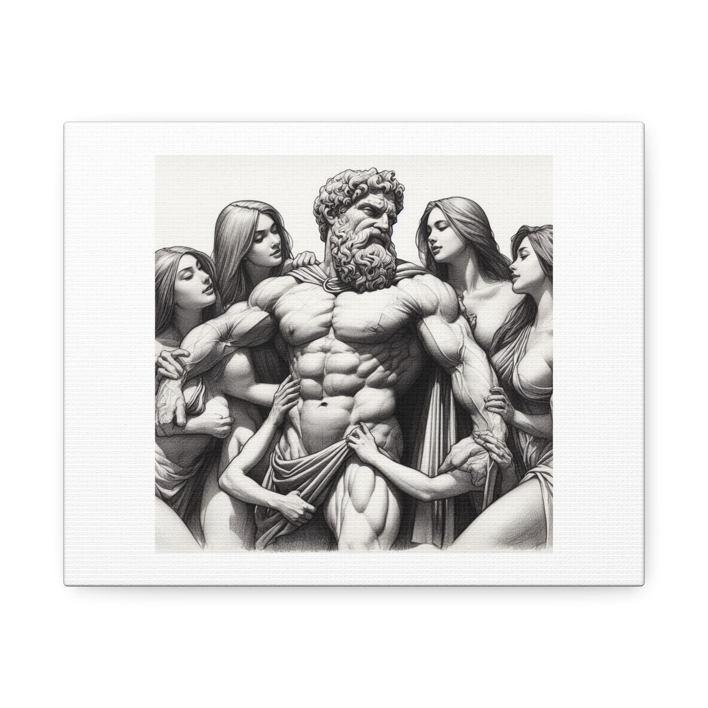 Male Bodybuilder in Ancient Greece Surrounded By Women Pencil Sketch Art Print ' Designed by AI' on Satin Canvas