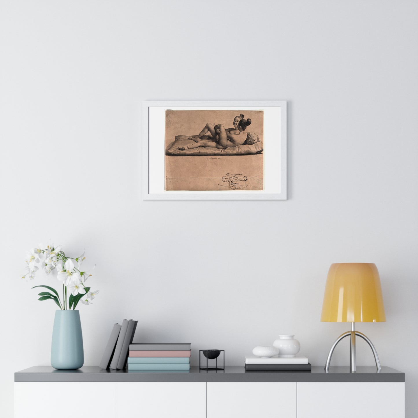 Two Chinese Girls with Bound Feet are Making Love on a Mattress (1829) Lithograph by Jean-Baptiste Mauzaisse, Framed Print