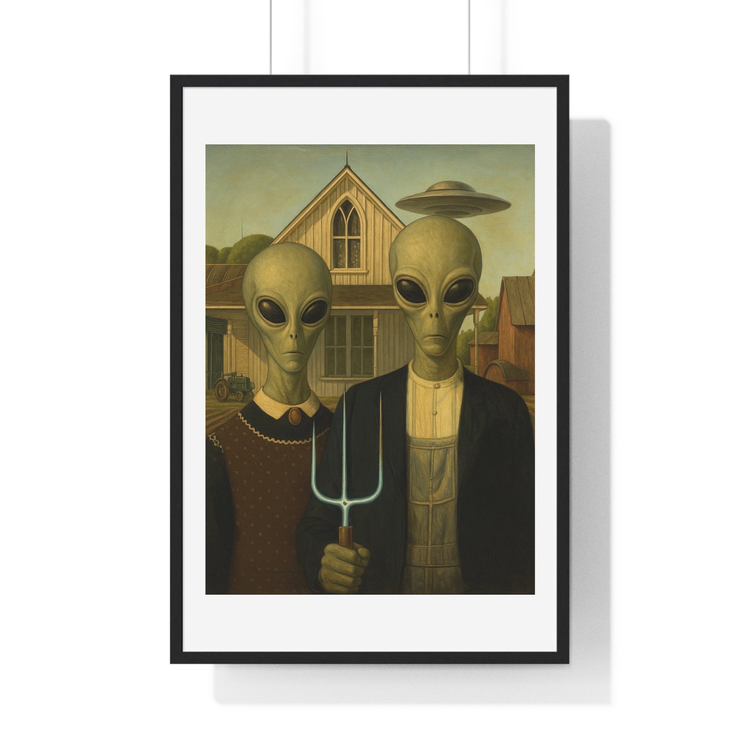 American Gothic Remixed, Midwestern American Aliens 'Designed by AI', Framed Art Print